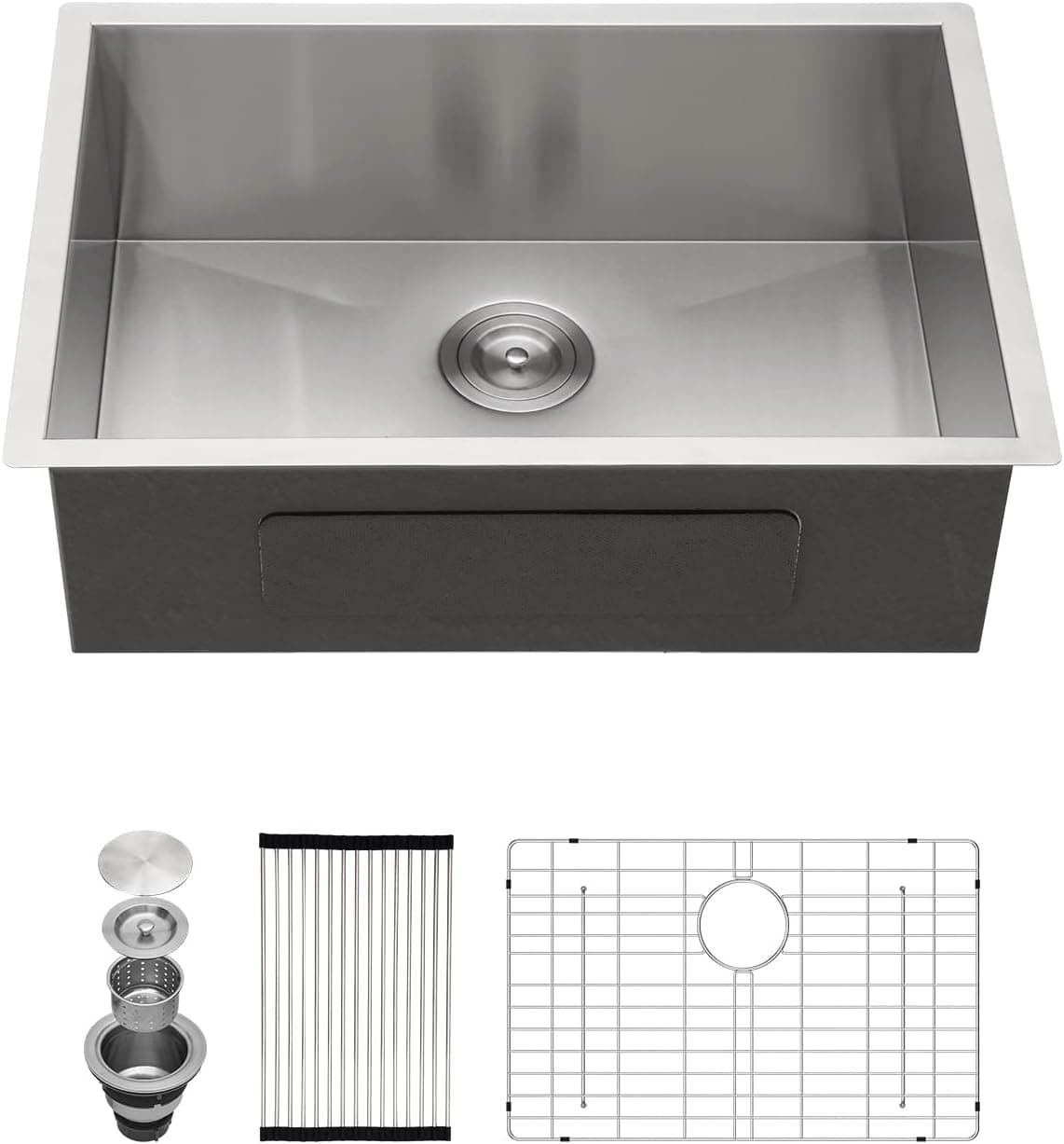 Kichae 26 Inch Single Bowl Kitchen Sink 18-Gauge Stainless Steel Undermount Handmade Modern Kitchen Sink with Accessories Bottom Grid Roll Up Dish Drying Rack