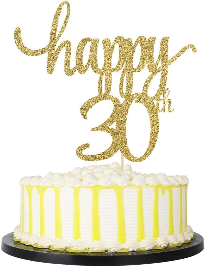 PALASASA Gold Glittery Happy 30th Cake Topper- Gold Birthday Party Decorations,Hello 30,Cheers to 30 Years,30 & Fabulous Party Decoration