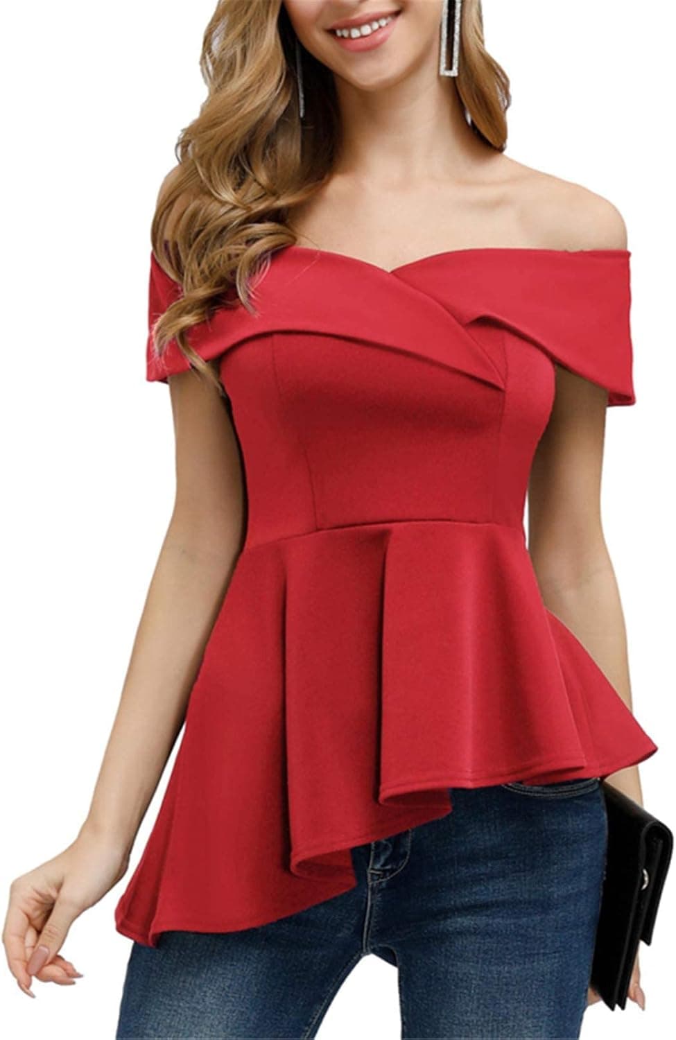 JASAMBAC Women's Off The Shoulder Tops Elegant Asymmetrical Ruffle Peplum Blouse Shirt