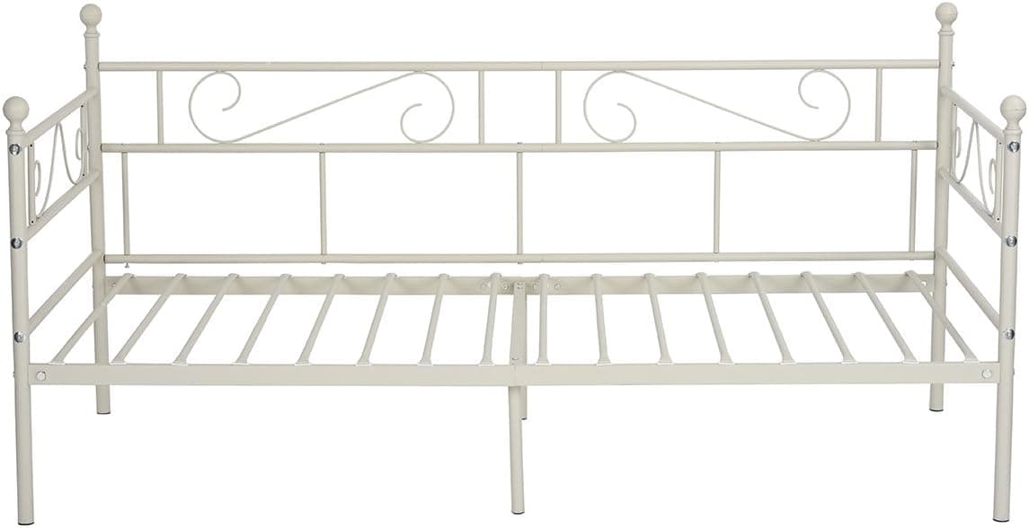 GreenForest Daybed Twin Bed Frame with Headboard and Stable Steel Slats Mattress Platform Base Boxspring Replacement Easy Assembly for Living Room Guest Room (Cream)