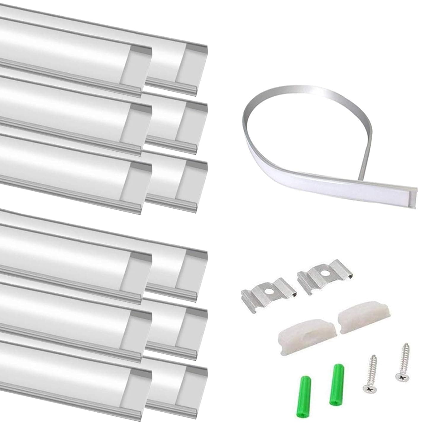 12 Pack Bendable LED Aluminum Channel System,Silver Color,U Shape, 3.3ft/1M, with Milk White Cover,Mounting Clips and End Caps, Aluminum Profile for LED Strip Light Installation