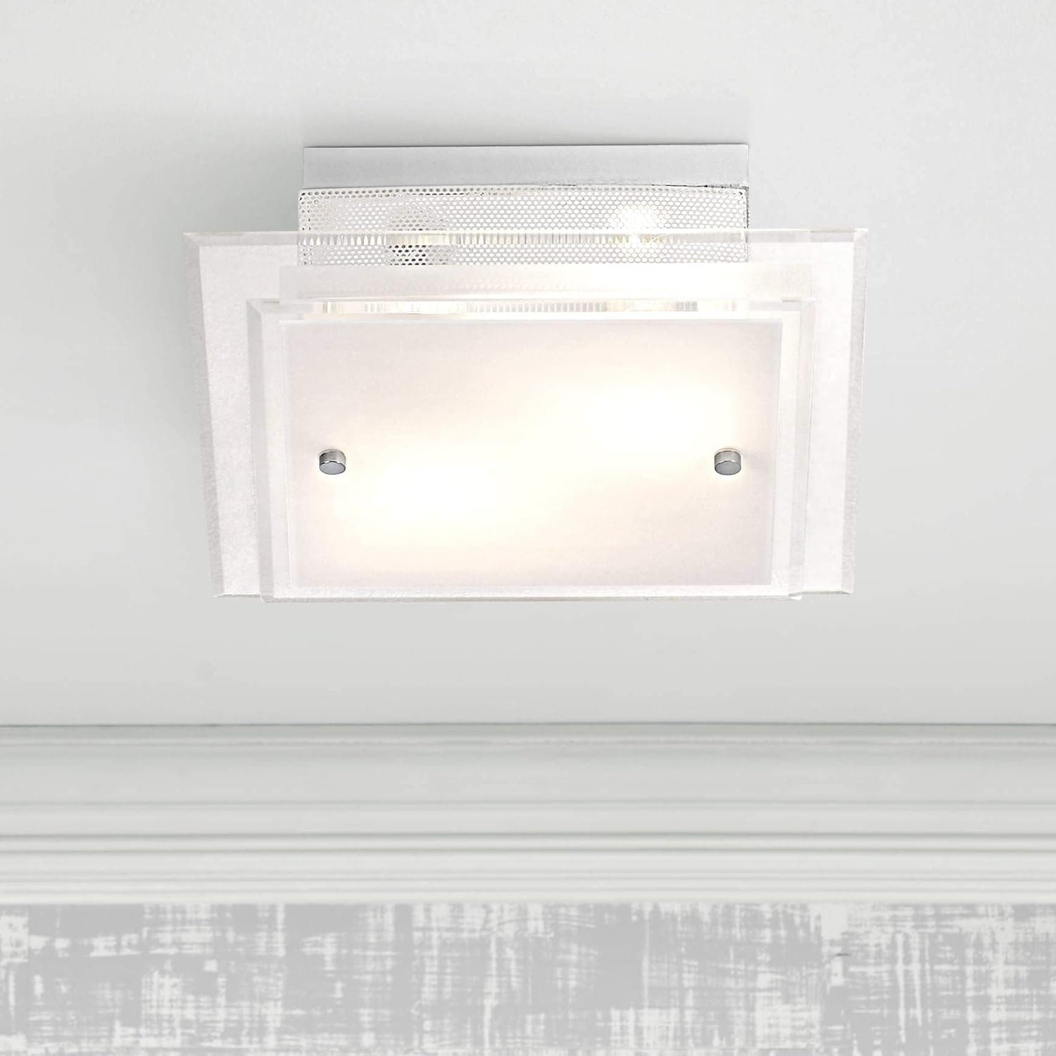 Possini Euro Design Modern Ceiling Light Flush-Mount Fixture 11 3/4" Wide Chrome 2-Light Square Frosted Glass White Mesh for Bedroom Kitchen Living Room Hallway Dining Bathroom Schoolhouse House