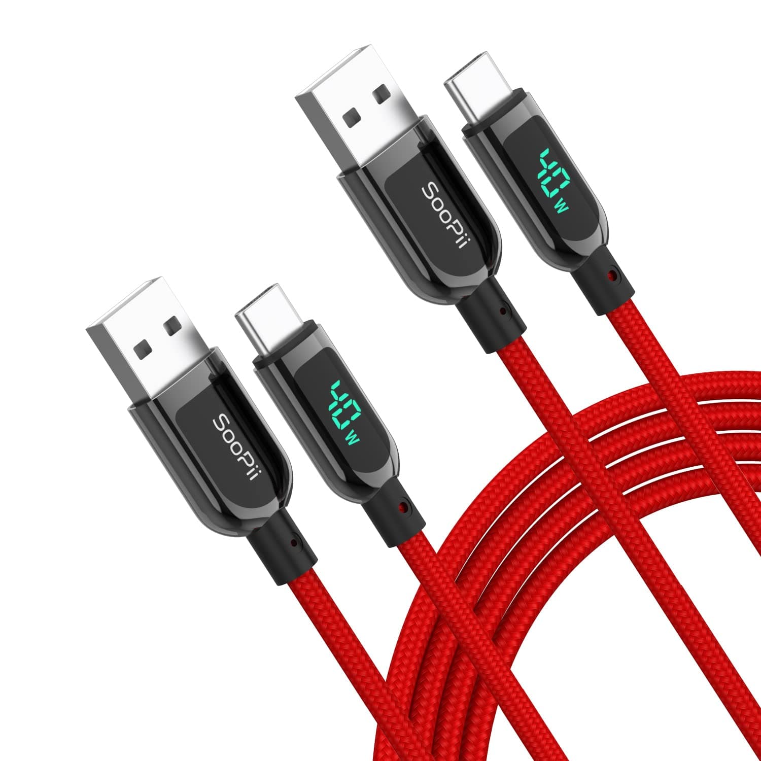 SOOPII USB C Cable,[6.6ft,2-Pack],40W PD Fast Charging Type-C Cable with LED Display Nylon Braided Cable for Huawei P40,P30,P20, Mate 40/30/20/Pro, Samsung S10 S9 S8 S20, Note 10 9 8 (Red)