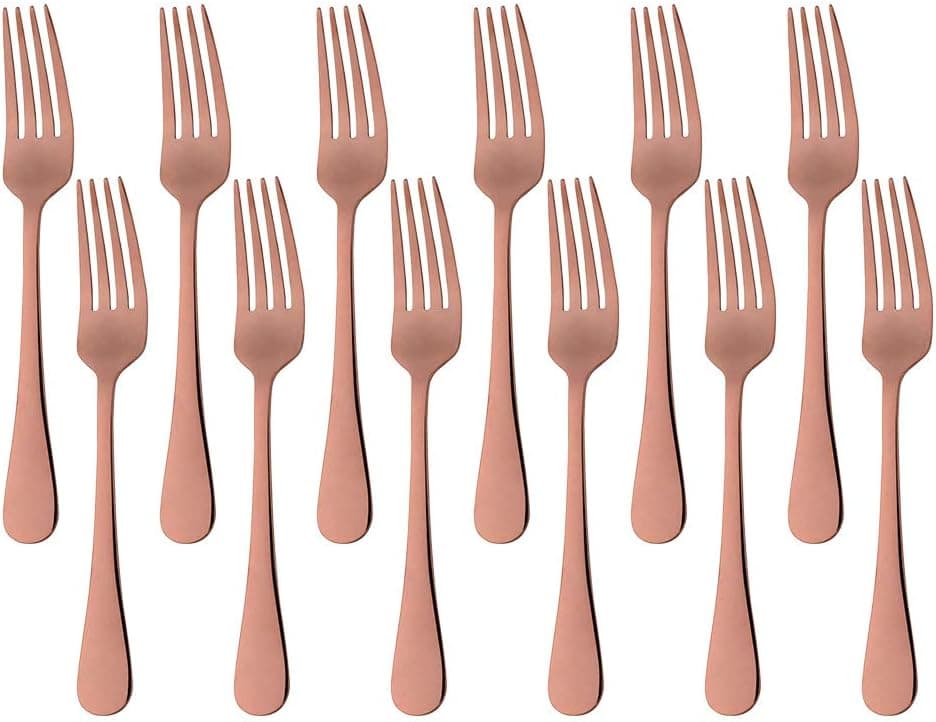 MINGYU Dinner Forks Stainless Steel Set of 12 - Rose Gold 8 Inches Food Grade Titanium Fork Silverware Set Salad Forks Flatware Sets Dishwasher Safe for Home Kitchen Restaurant