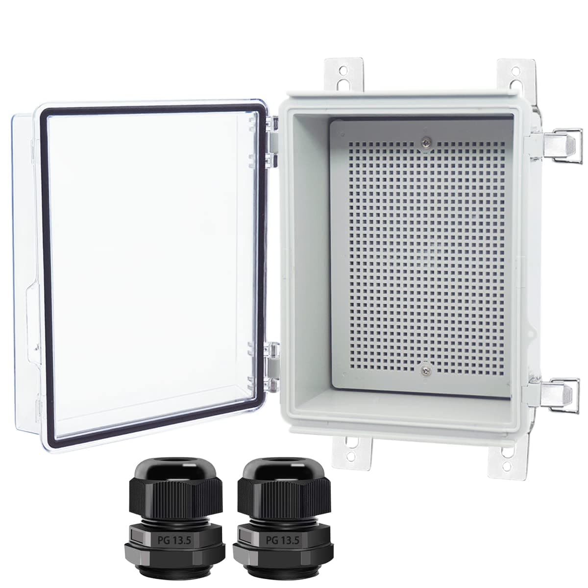 Otdorpatio Junction Box, Hinged Clear Cover Stainless Steel Latch IP67 Waterproof ABS Project Box with 2 PG13.5 Cable Gland,Electrical Box Enclosure with Mounting Plate & Wall Bracket 8.7x6.7x4.3inch