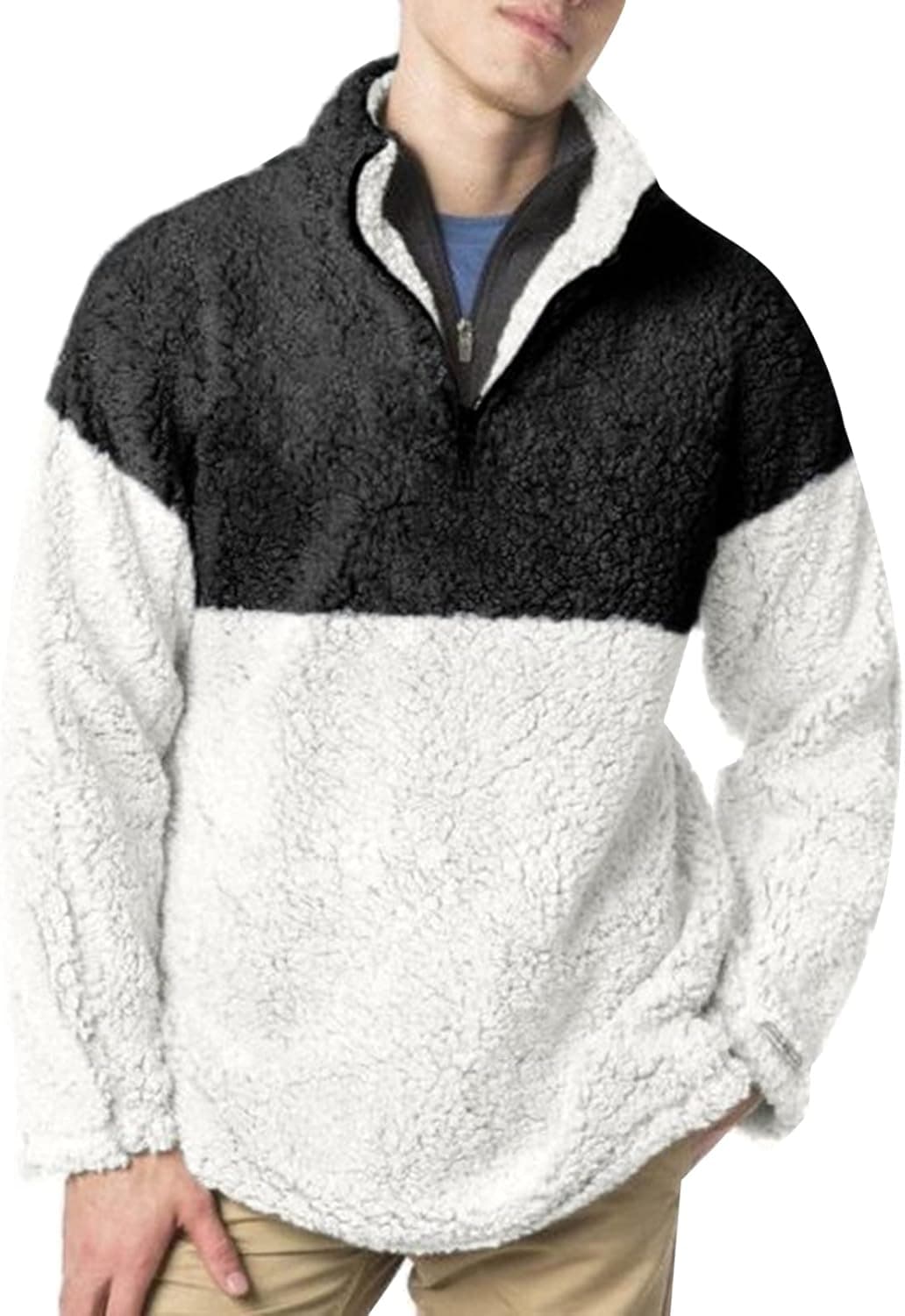 JMIERR Mens Fuzzy Sherpa Sweatshirt Fashion Long Sleeve Colorblock 1/4 Zip Stand Collar Pullover Sweatshirts with Pockets