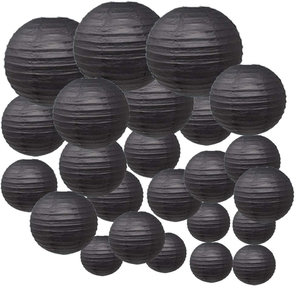 Just Artifacts Decorative Round Chinese Paper Lanterns 24pcs Assorted Sizes (Color: Black)