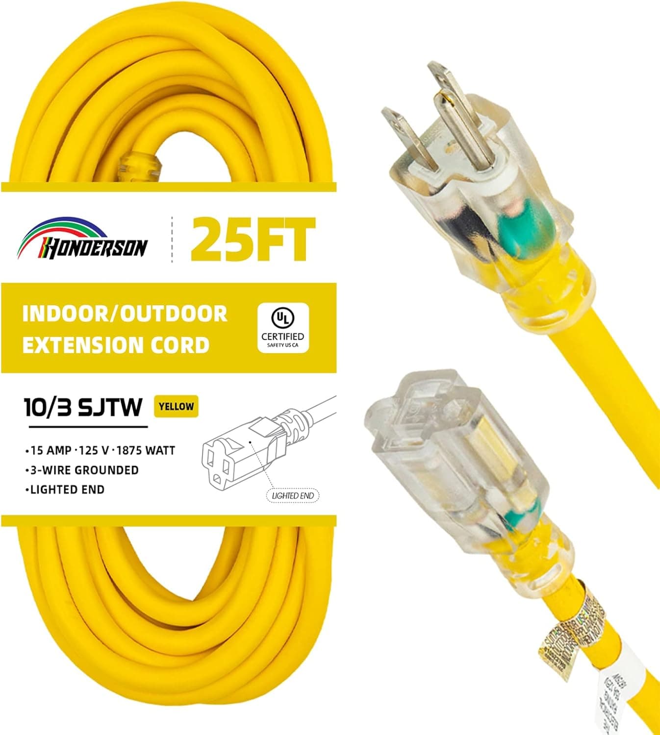 HONDERSON 25FT Lighted Outdoor Extension Cord - 10/3 SJTW Heavy Duty Yellow Extension Cable with 3 Prong Grounded Plug for Safety,UL Listed