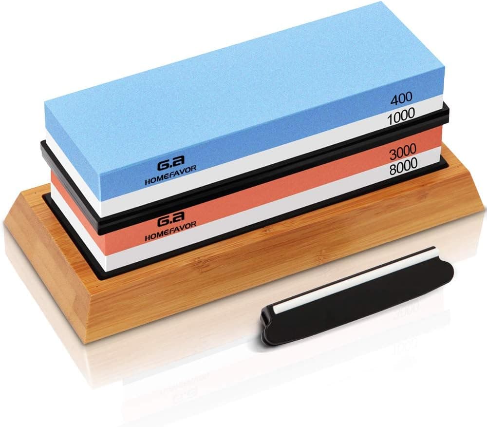 Knife Sharpening Stone Set, G.a HOMEFAVOR Premium Whetstone Sharpener Kit, 4 Side Grit 400/1000 3000/8000 Water Stone, Non-slip Bamboo Base and Angle Guide