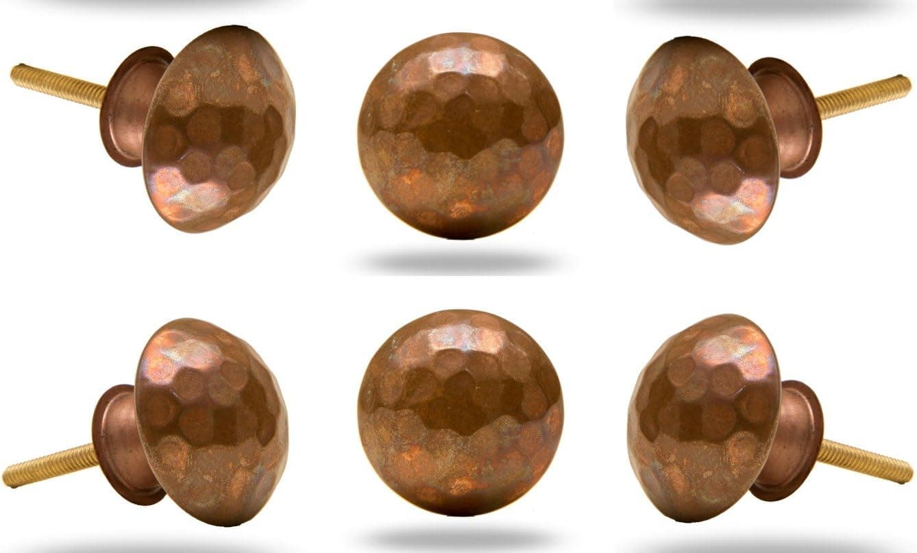 TRINCA-FERRO Set of 6 Cabinet Knobs Round Beaten Copper Bronze Metal Drawer Cupboard Pull Kitchen Bed-Room Dresser Handle