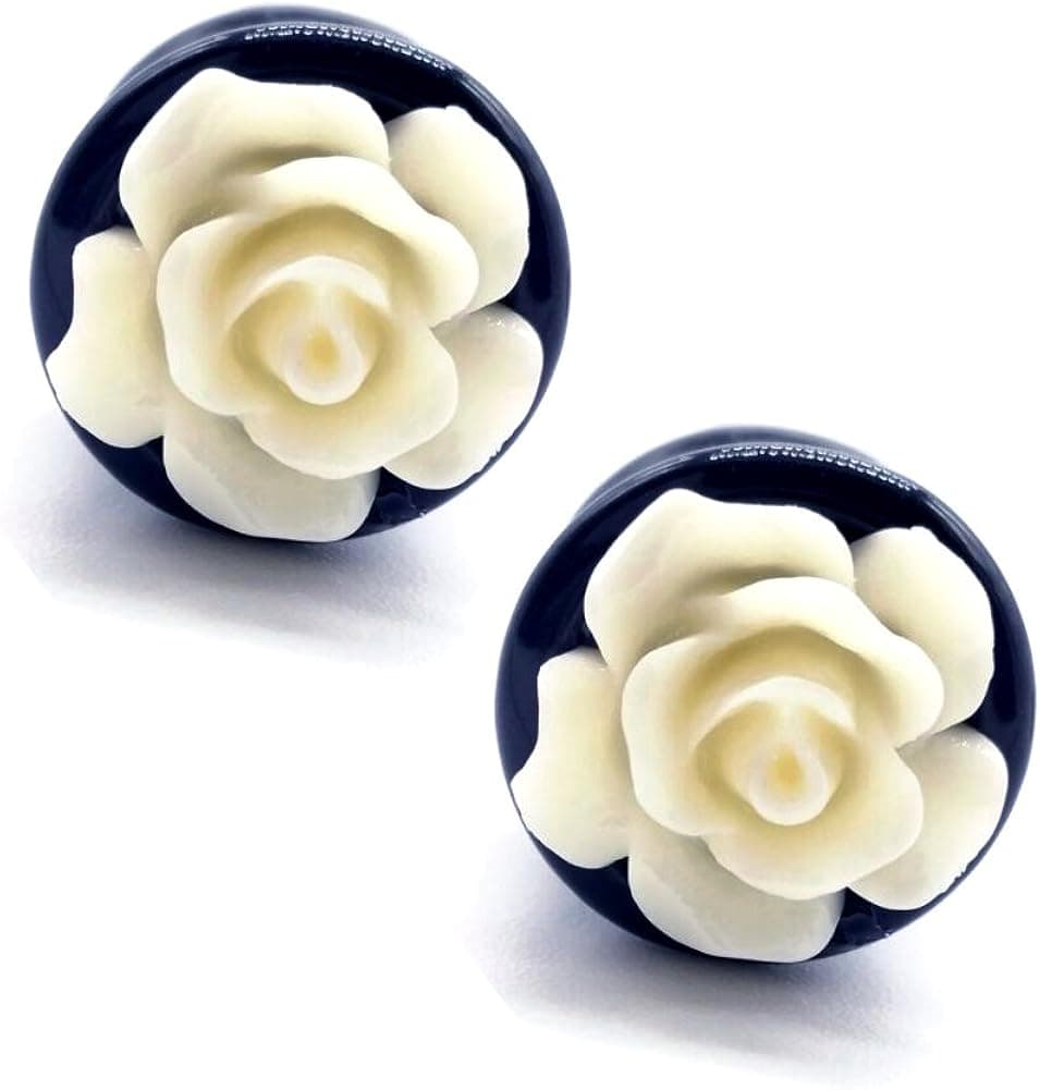 Yodeyhoo Pairs White Rose Acrylic Ear Plugs Tunnels Saddle Expander Body Piercing Set Gauges 2g-5/8"