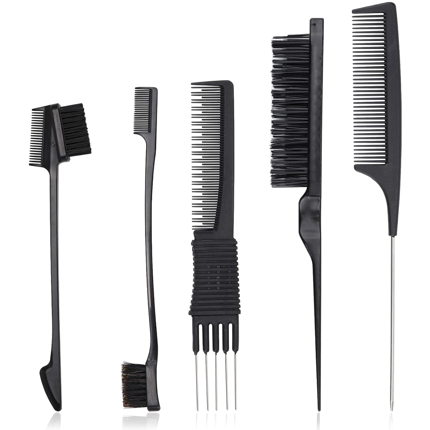 5 Pieces Hair Comb Set with Edge Brush, Teasing Combs, Rat Tail Combs and Small Bristle Hair Brush Smoothing Brush Black