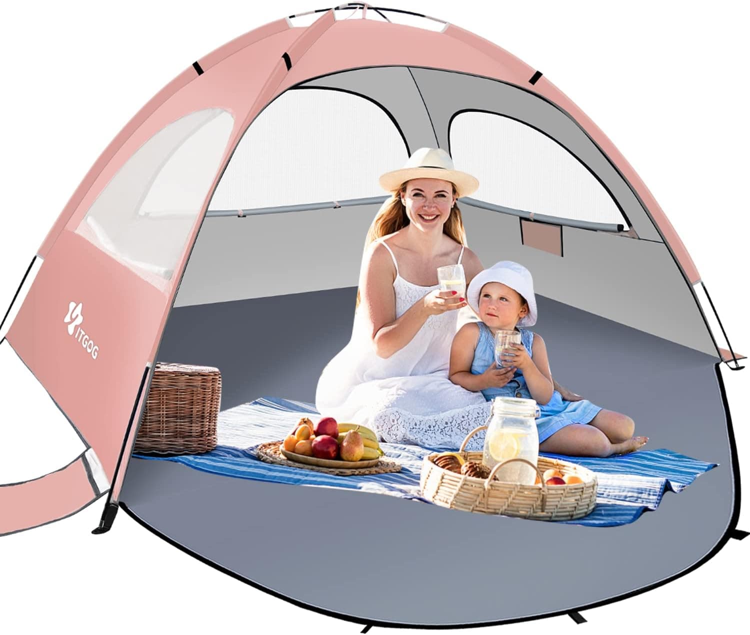 YITGOG Beach Tent Sun Shelter for 3-4 Person, Lightweight Beach Tent with UV Protection, 3 Mesh Roll Up Windows & 8.0mm Fiberglass, Easy Assemble