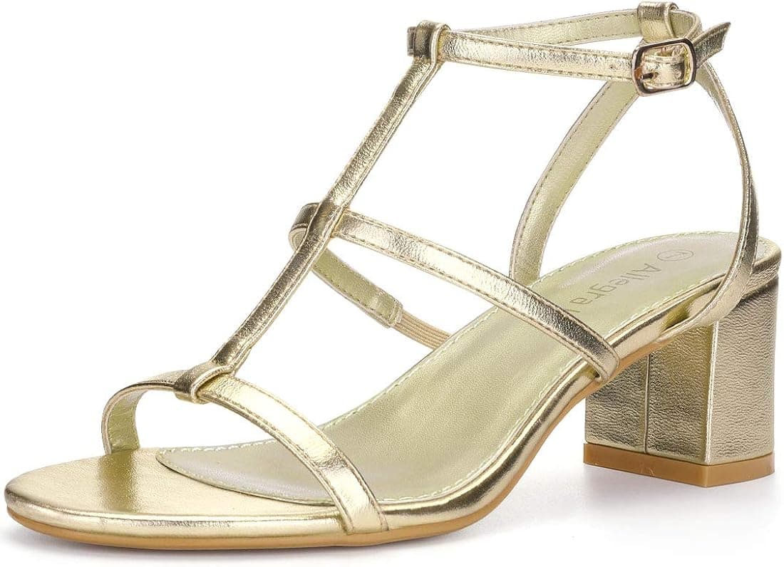 Allegra K Women's Open Toe T-Strap Cage Block Heel Gold Tones Sandals - 7.5 M US