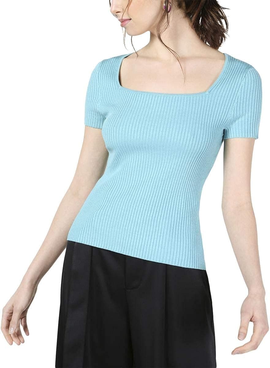 Bar III Womens Ribbed Knit Square Neck Top, Blue, Small