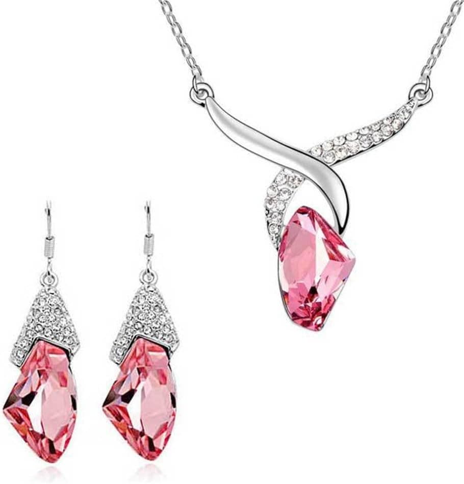Pink Faux Crystal Rhinestone 925 Sterling Silver Plated Necklace & Earrings 1 Set JF008