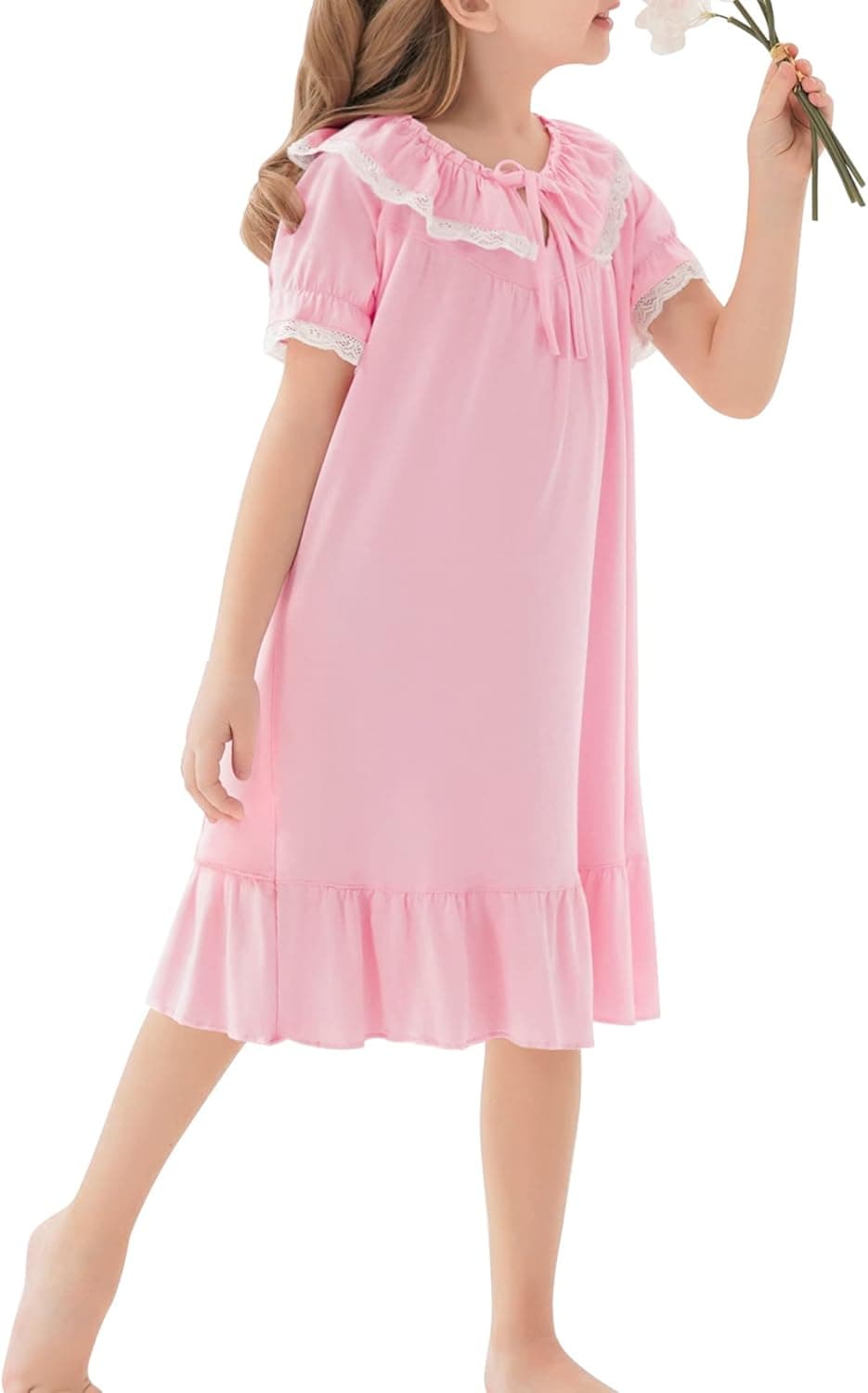 SWOMOG Girls Soft Princess Sleep Shirt Short Sleeve Nightgown Toddler Kids Cute Ruffle Sleepwear Nightie 4-13 Years
