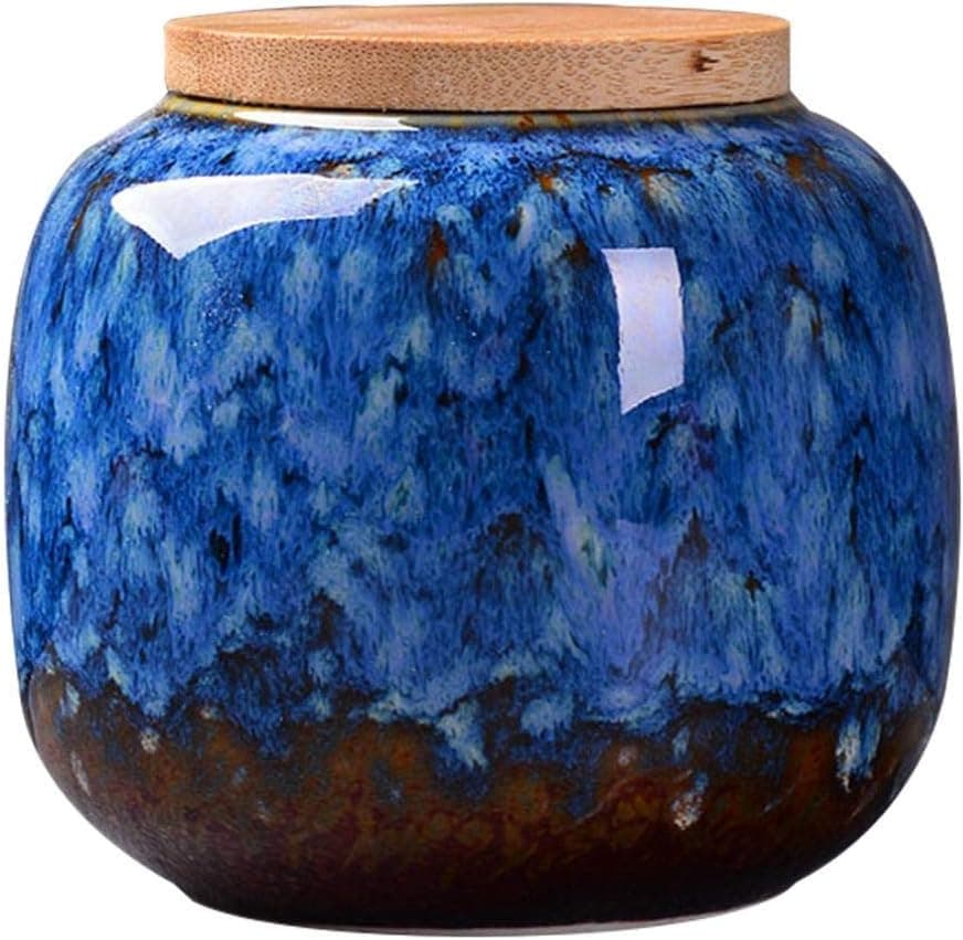 200ML Ceramic Tea Jar Vintage Chinese Style Storage Jars Tea Tins Cans Canister Traditional Tea Caddy Sealed Lids Home Kitchen Dining Decoration (Dark Blue)