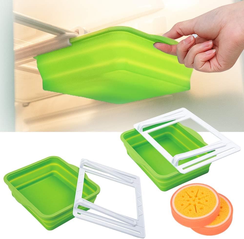 2PCS Fridge Drawer Organizer Egg Holder for Refrigerator Mini Folding Storage Box for Fridge Space Saver Assorted Food Refrigerator Shelf Holder Fits Straight Flat Edges on Shelves (GREEN 2PCS)