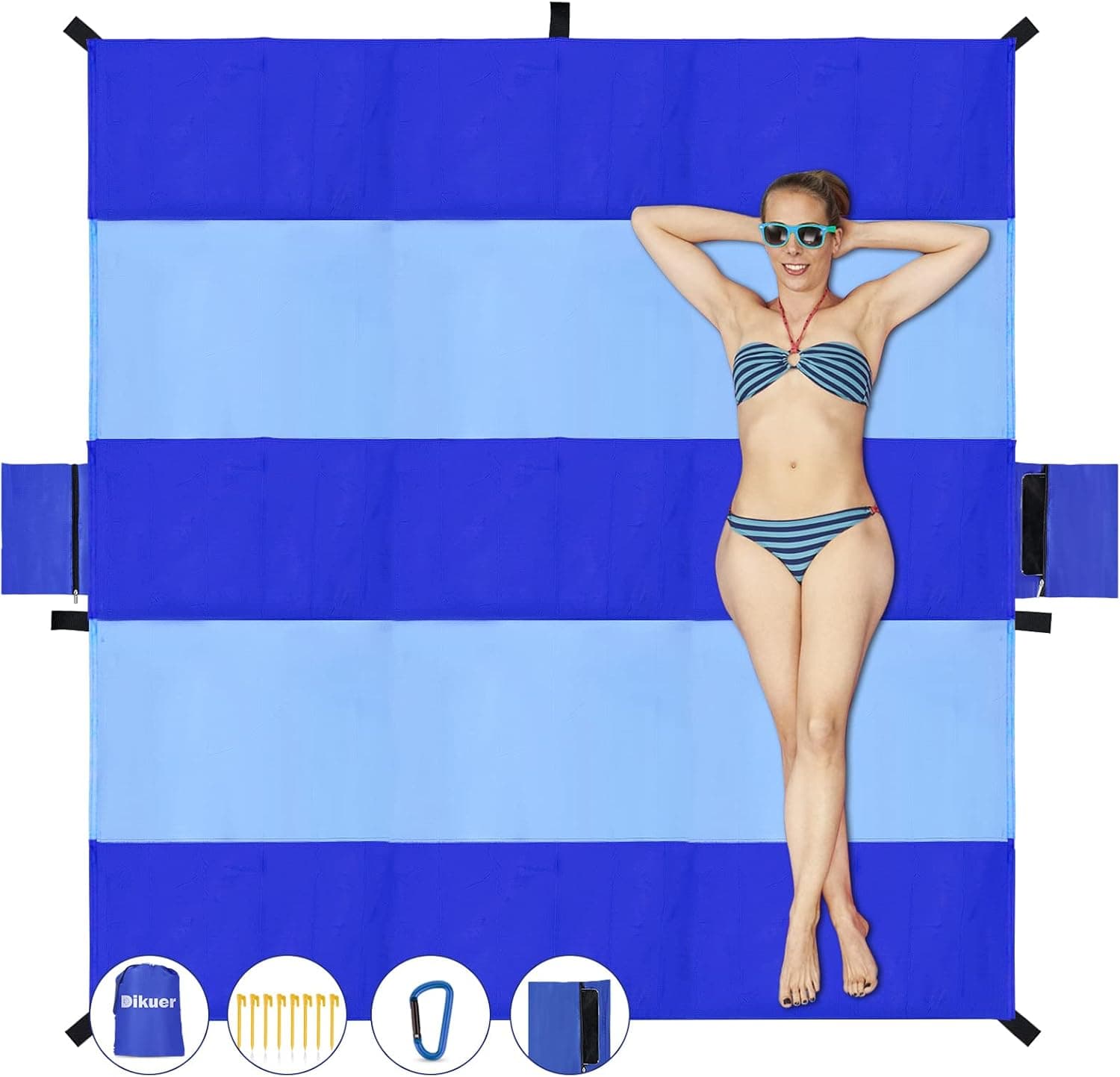 Dikuer Beach Blanket Waterproof Sandproof, Oversized Portable Picnic Blankets with 8 Stakes, Sand Resistant Beach Essentials Foldable for Outdoor