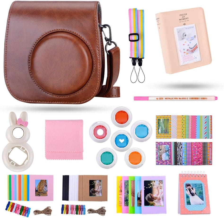Famall Instant Mini 9 Camera Accessories Bundle Compatible for Fujifilm Mini 9/Mini 8+/Mini 8 Camera. Includes Mini 9 Case/Album/Selfie Lens/Filters/Wall Hang Frames,etc (Brown，13 Items)