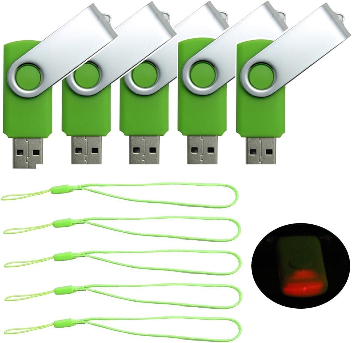 CaseBuy 5pcs 1GB 1G USB 2.0 Flash Memory Drive Stick Fold Storage Thumb Stick Pen Swivel Design with 5pcs Lanyards (1GB,Green)