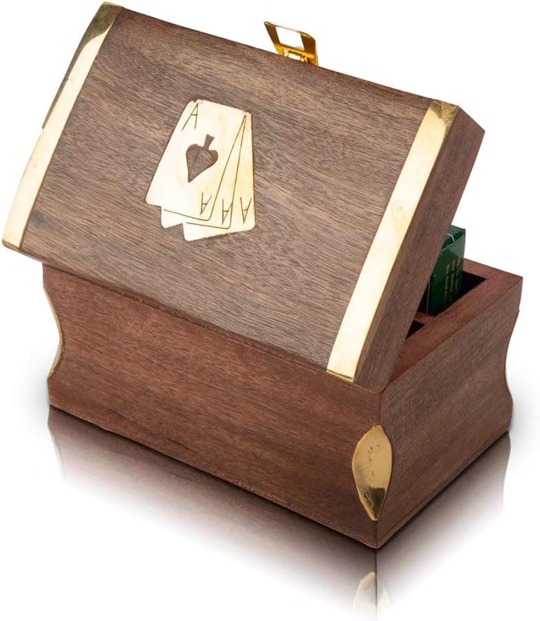 Unique Birthday Gift Ideas Handcrafted Classic Wooden Playing Card Holder Deck Box Storage Case Organizer with 2 Sets of Premium Quality 'Ace' Playing Cards Anniversary Housewarming Gifts Him Her