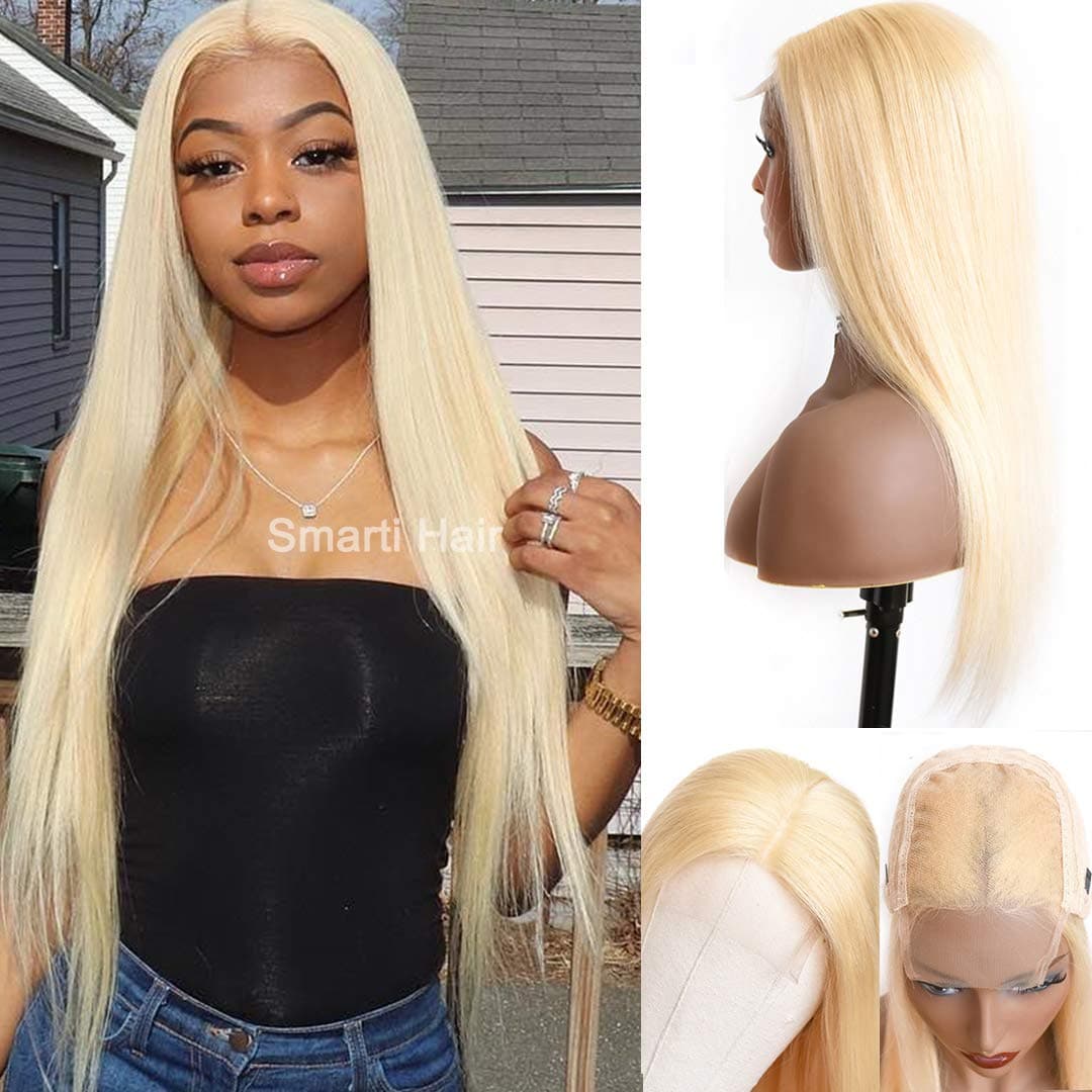 Glueless 613 Lace Front Wig Bleached Knots Brazilian Straight 4×4 Lace Closure Wig Blonde Human Hair Wigs 16 Inch Lace Front Wigs 150% Density Pre Plucked With Baby Hair Virgin Human Hair Wigs