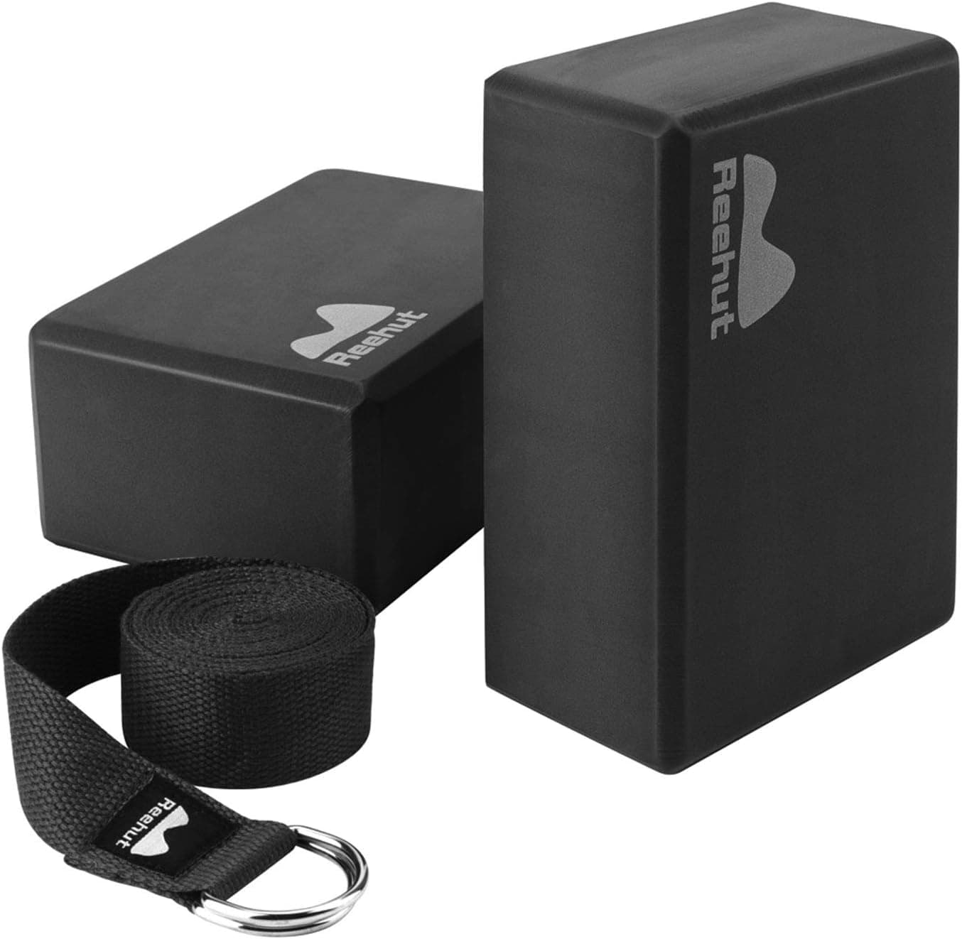 REEHUT Yoga Block 2 Pack and Metal D Ring Yoga Strap 1 Pack Combo Set, 9" x 6" x 4"High Density EVA Foam Block to Support and Deepen Poses, 8FT Yoga Belt for Stretching, General Fitness (Black)