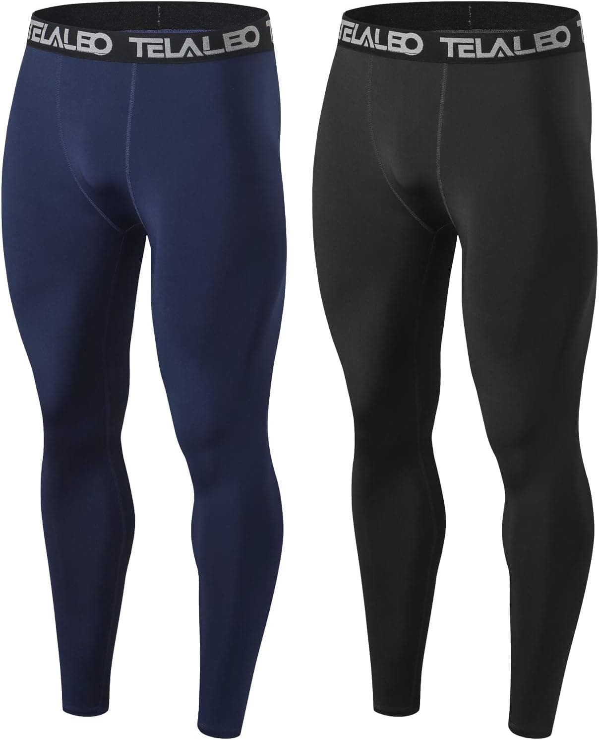 TELALEO Men's Compression Pants Cool Dry Gym Workout Running Leggings Baselayer Sports Tights Black Blue 2 Pack L