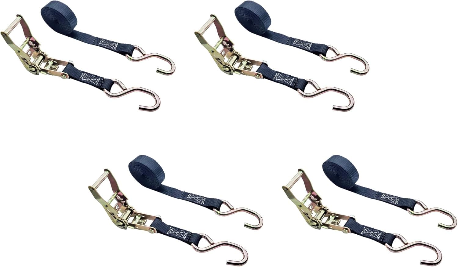 Mega Cargo Control 1" x 15' Utility Ratchet Tie Down Strap w/Non-Coated S Hook End Fittings | WLL: 1000 Lbs. (4-Pack)