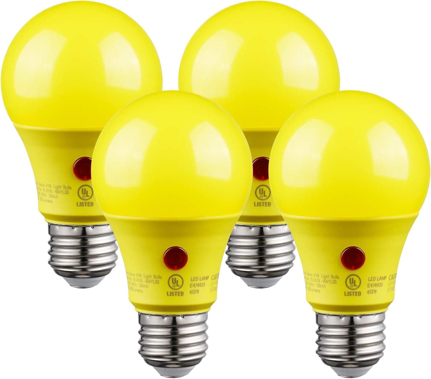 TORCHSTAR Yellow Dusk to Dawn Light Bulbs Outdoor, Sensor A19 LED Light Bulb, UL Listed, 9W (60W Eqv.), 600lm, Auto On/Off Photocell Automatic for Outdoor Lighting, 2700K Soft White, Pack of 4