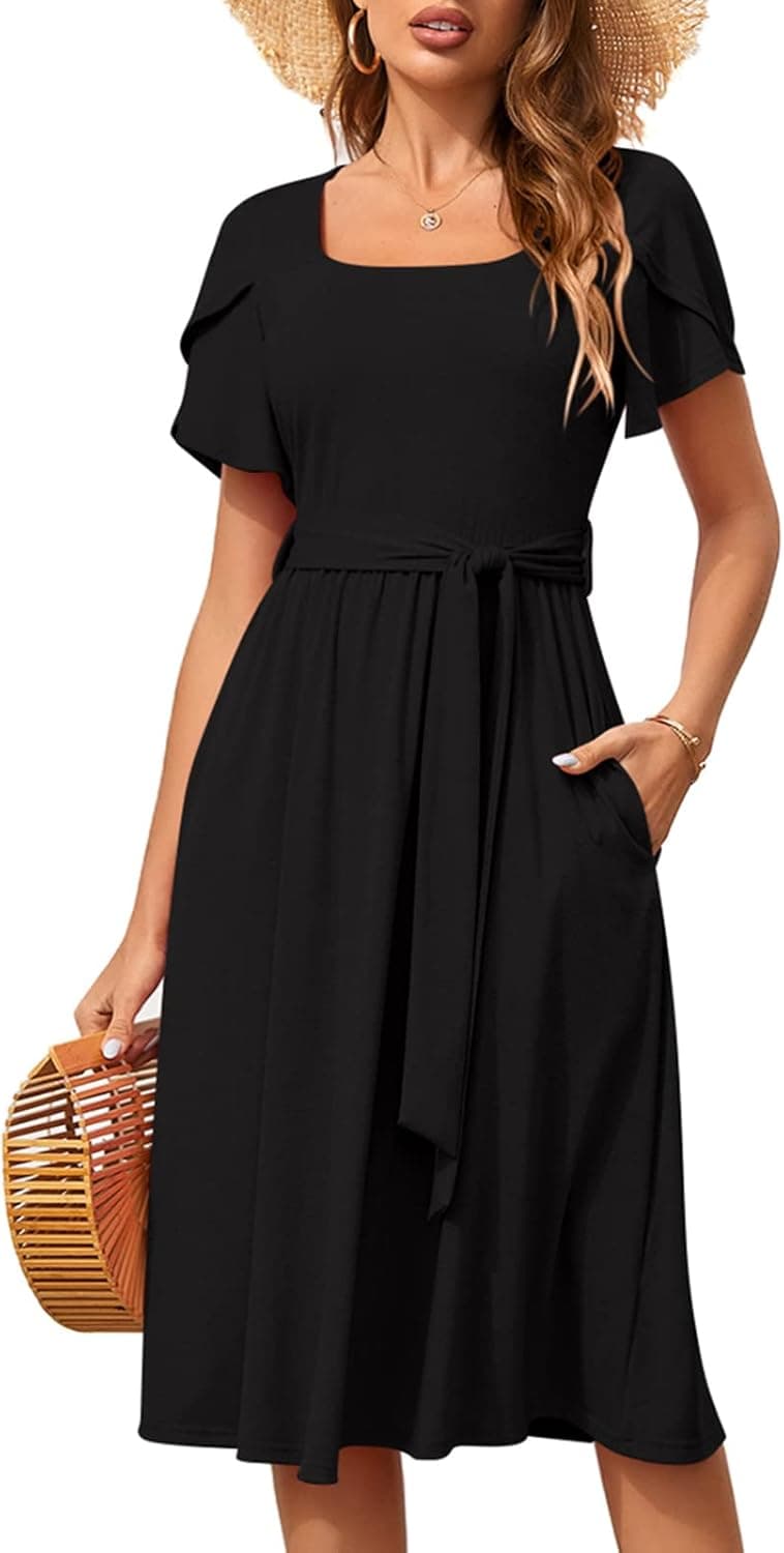 Renoholl Women Summer Dress Square Neck Petal Sleeve A-Line Dress Hem Belted Swing Beach Dresses with Pockets