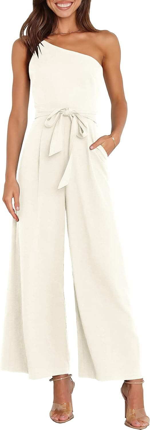 ANRABESS Women's Summer Dressy One Shoulder Sleeveless Tie Waist Backless Casual Wide Leg Jumpsuit Rompers Pockets