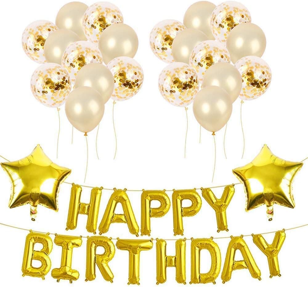 Usee Gold Happy Birthday Decorations Supplies Banner Confetti Balloons Foil Star Balloon Kit