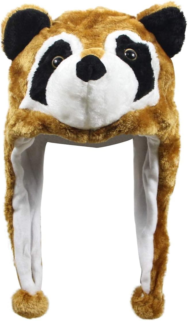 Bioterti Plush Fun Animal Hats –One Size Cap - 100% Polyester with Fleece Lining (Brown Raccoon)