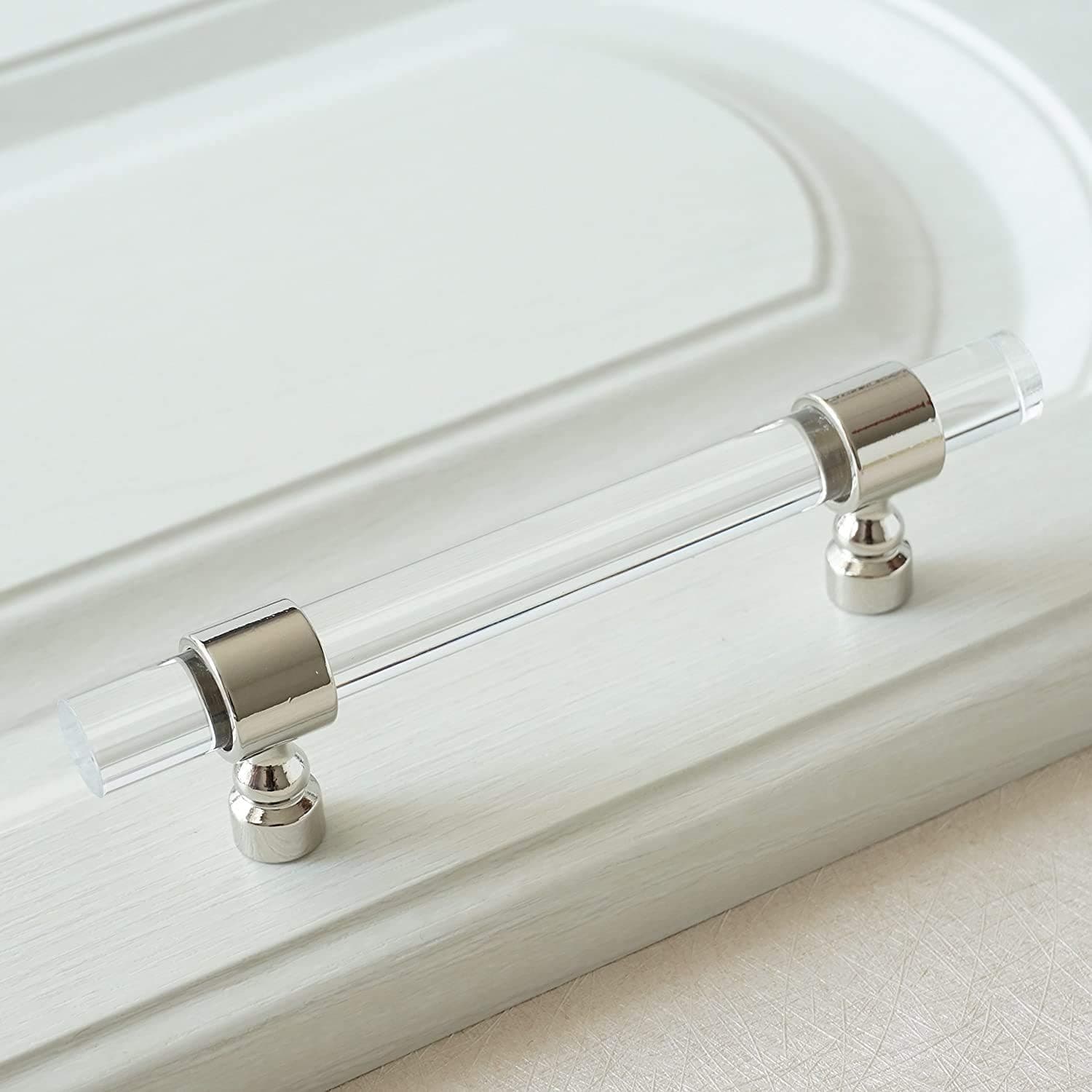 2.75" Acrylic Clear Silver Drawer Pulls Lucite Dresser Handle Crystal Kitchen Cabinet Knob Hardware 70mm (2.75" Hole Center to Hole Center)
