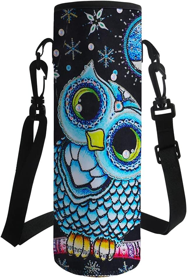 KEIAHUAN 32 oz Water Bottle Carrier Insulated Neoprene Bottle Sleeve Holder Bag Case Pouch Cover Animal Owl Print with Adjustable Shoulder Strap with Metal Buckle