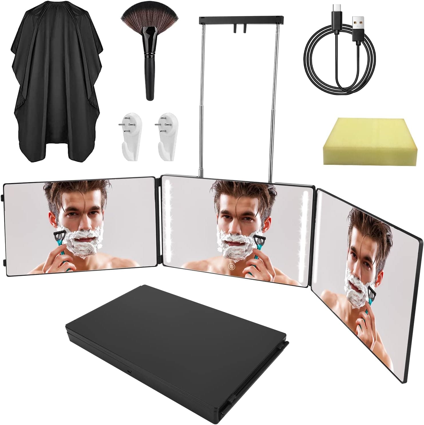 Brynnl 3 Way Mirror for Self Hair Cutting Rechargeable Trifold Self Haircut Mirror with Height Adjustable Telescoping Hooks 360 Haircuts Mirror Make Up Self Cut System, Haircut Mirror for Hair Tools