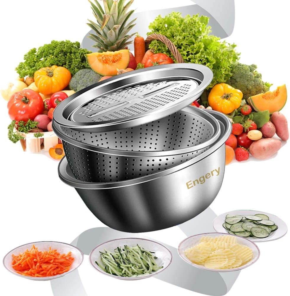 Engery Stainless Steel Drain Basket Vegetable Cutter, 3 in 1 Kitchen Multipurpose Grater - Salad Maker Bowl
