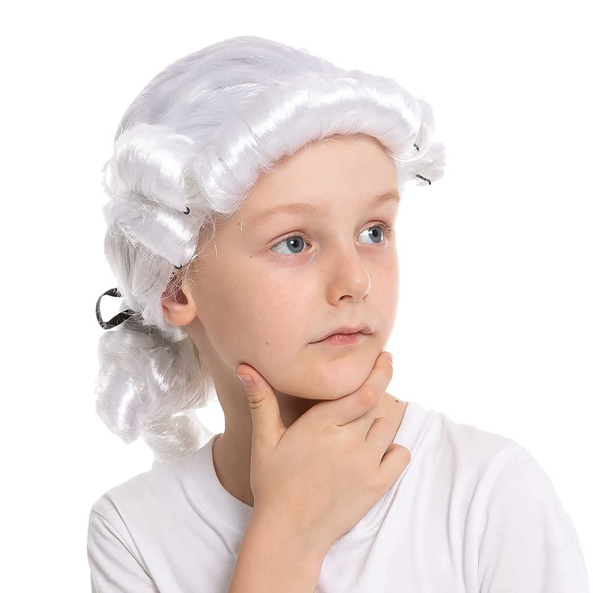Spooktacular Creations Kids Colonial Wig White George Washington Wig with Ponytail Curly Powdered Wig Judge Wig Halloween Costume Cosplay Party Funny Wig