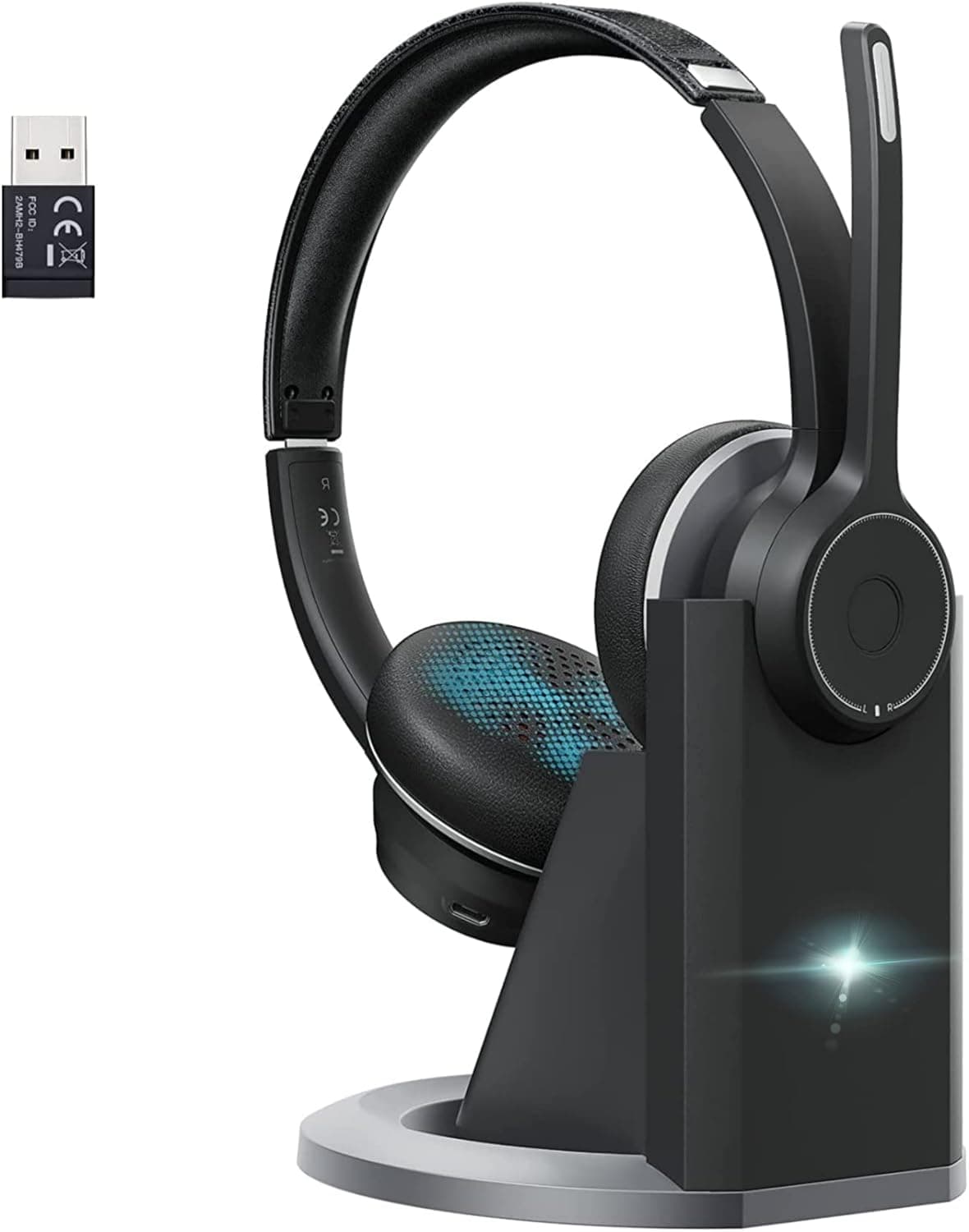 Wireless Headphones with Microphone, Wireless Headsets with Noise Canceling Mic for CellPhones, Computer, On Ear Wireless Headphones with 22H Battery Life, Stand, Mute Control for Call Center, Office