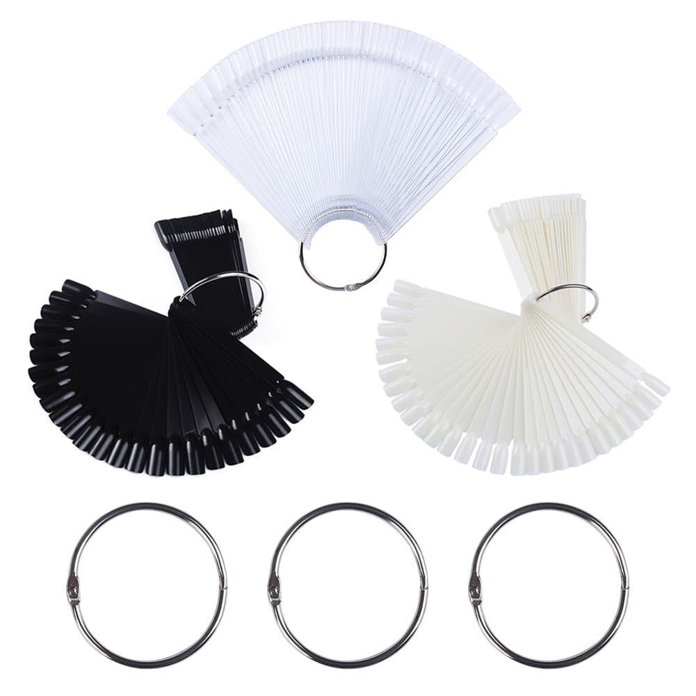 CoulorButtons 8 Sets Total 400 Tips Transparent Fan-shaped Black White False Nail Art Tips Display Polish Board Practice Sticks Tool with Metal Screw Split Ring Holder