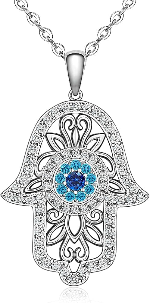 925 Sterling Silver Hamsa Hand Necklace with White Gold Plated Good Luck Vintage Fatima Hand Pendant Charm Cute Sparkling Zirconia Jewelry Gift for Women Girls