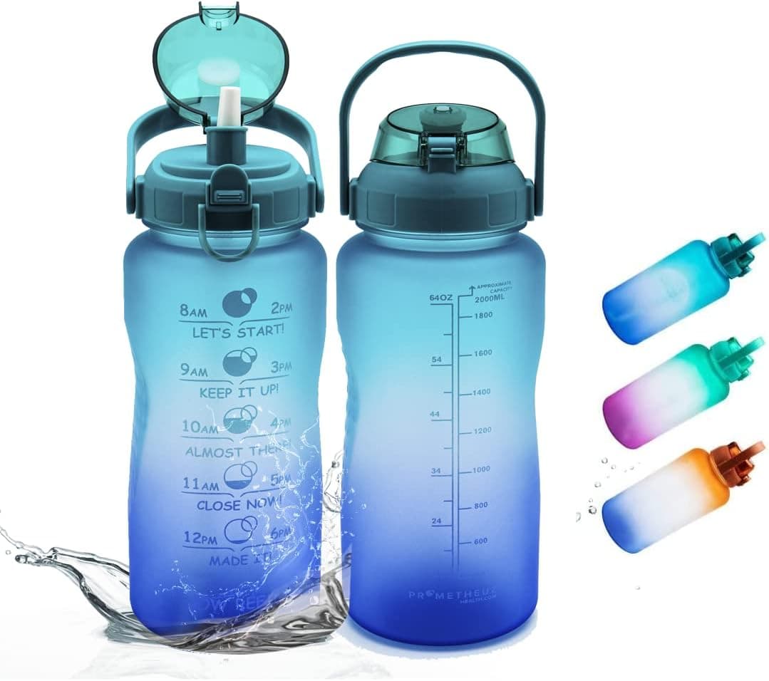 Prometheuz 64oz Motivational Water Bottles with Times to Drink & Removable Straw. Leakproof Tritan BPA Free Water Jug for Fitness, Gym and Outdoor Sports, Blue Purple