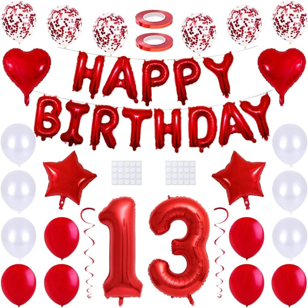Maigendoo 13. Birthday Balloons Set Happy Birthday Banner Heart Star Foil Mylar Balloon Latex Balloons Number 13 Balloon Set with Swirl Decorations for 13th Birthday Party Event, Red