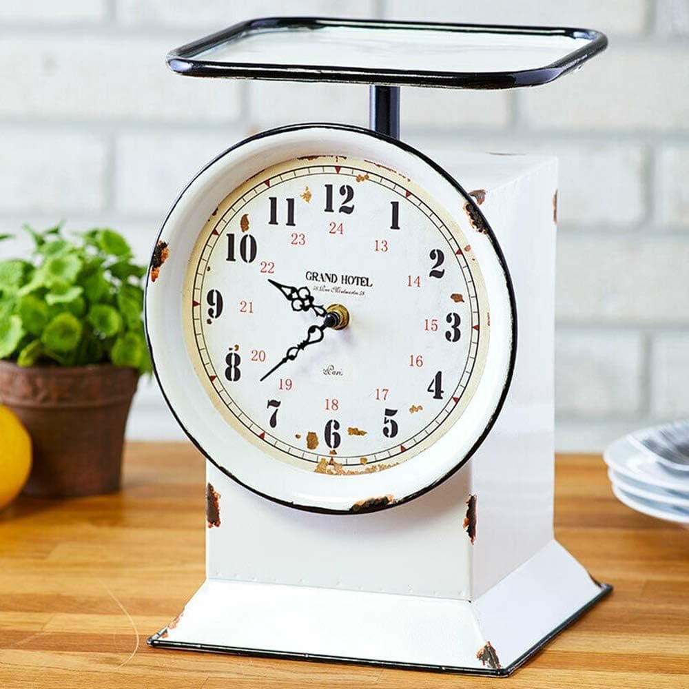 Briskly41 Vintage Inspired Grocery Scale Clock Decorative Weighing Table Top Metal Finish Farmhouse Country Rustic Kitchen Home Decor