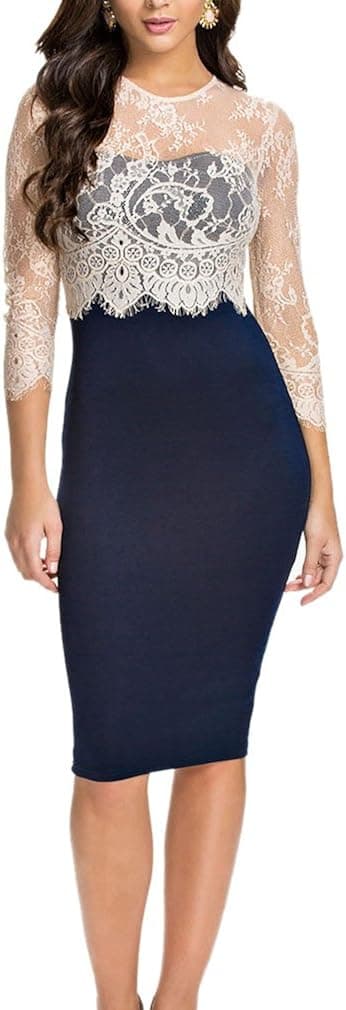 LECHEERS Women Lace Vintage Celeb Bodycon Cocktail Formal Evening Midi Dress