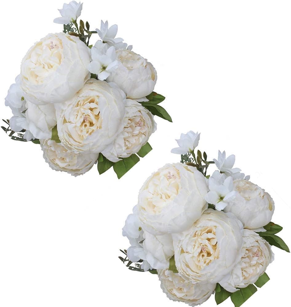 Fule 2 Pack Large Artificial Peony Silk Flower Bouquets Arrangement Wedding Centerpieces (White)