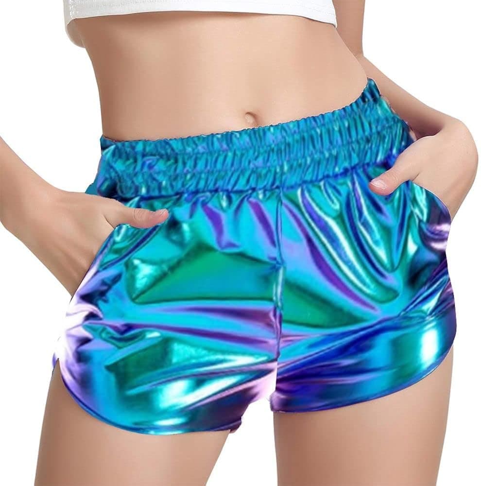MAKARTHY Women's Metallic Shorts Elastic Waist Shiny Sparkly Rave Pants